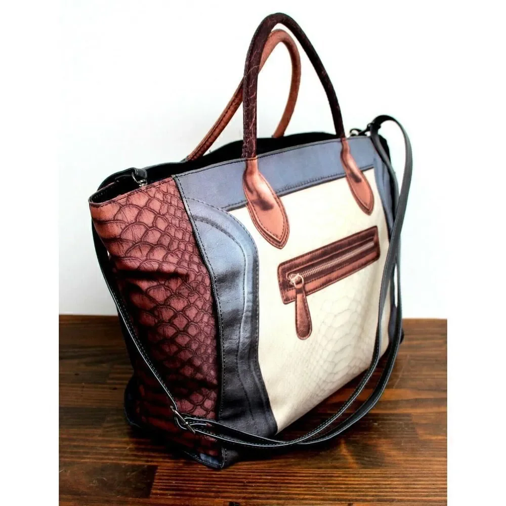 LARGE MOUSSE COLORFUL PRINT NYLON CANVAS ZIP TOP TOTE SHOULDER BAG HANDBAG BOHO